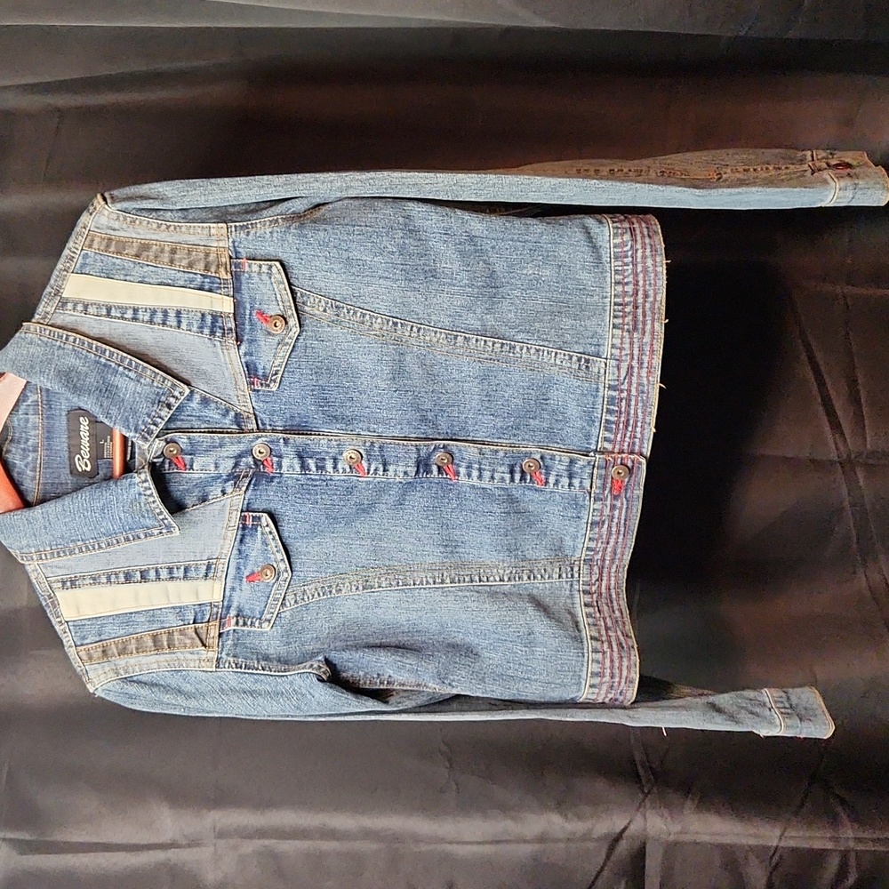 Beware Vintage Denim Jean Jacket Y2K Cropped Patchwork Detail Red Stitch Large